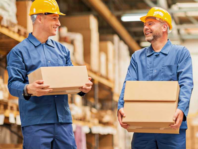 Two AMS workers in yellow hard hats, holding boxes.