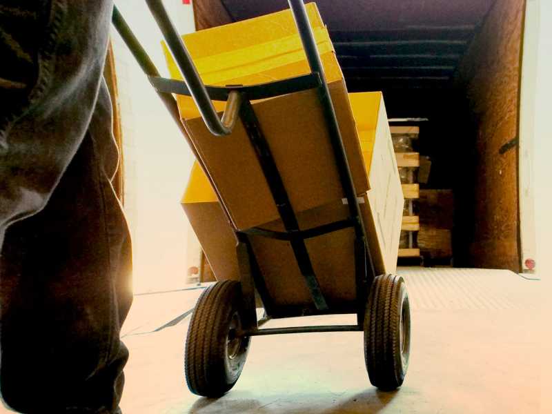 Packages on a dolly, ready to be shipped.