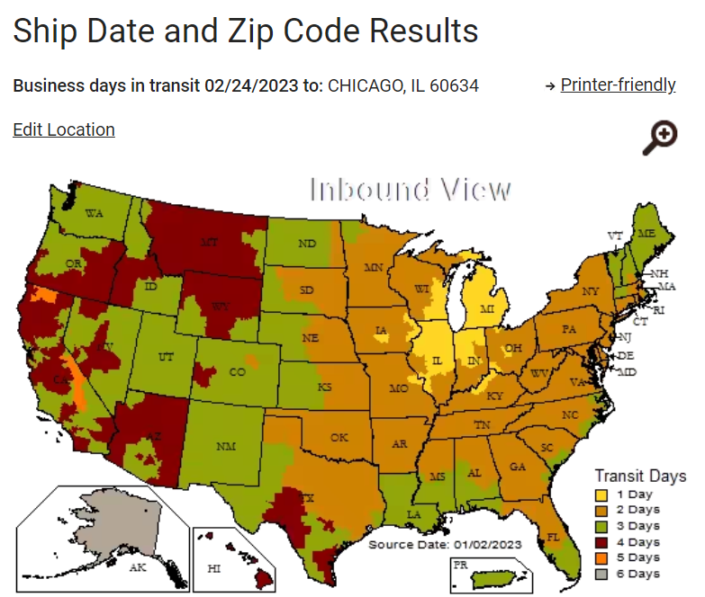 A map of the United States showing shipping times based on zip codes, with packages being shipped from Chicago, IL. 