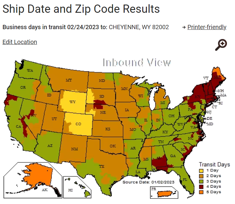 A map of the United States showing shipping times based on zip codes, with packages being shipped from Cheyenne, WY. 