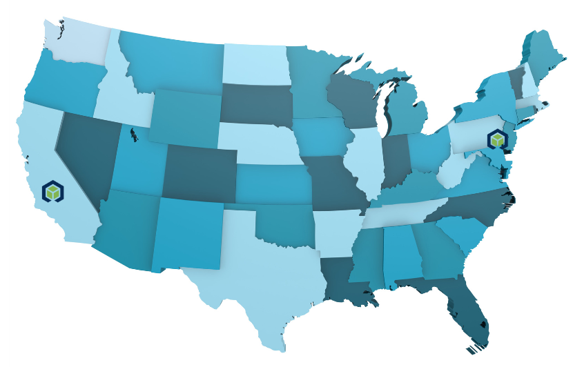 A map of the continental United States showing that AMS has facilities on both coasts. 