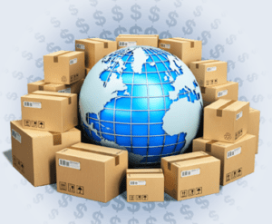 A globe surrounded by shipping boxes.