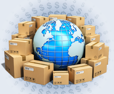 A globe surrounded by shipping boxes.