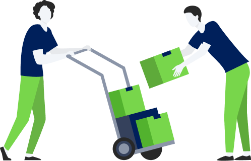 Cartoon person piling boxes on a dolly pushed by another person