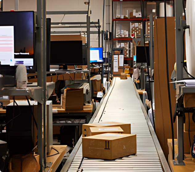 Boxes on a conveyor belt in a fulfillment center.