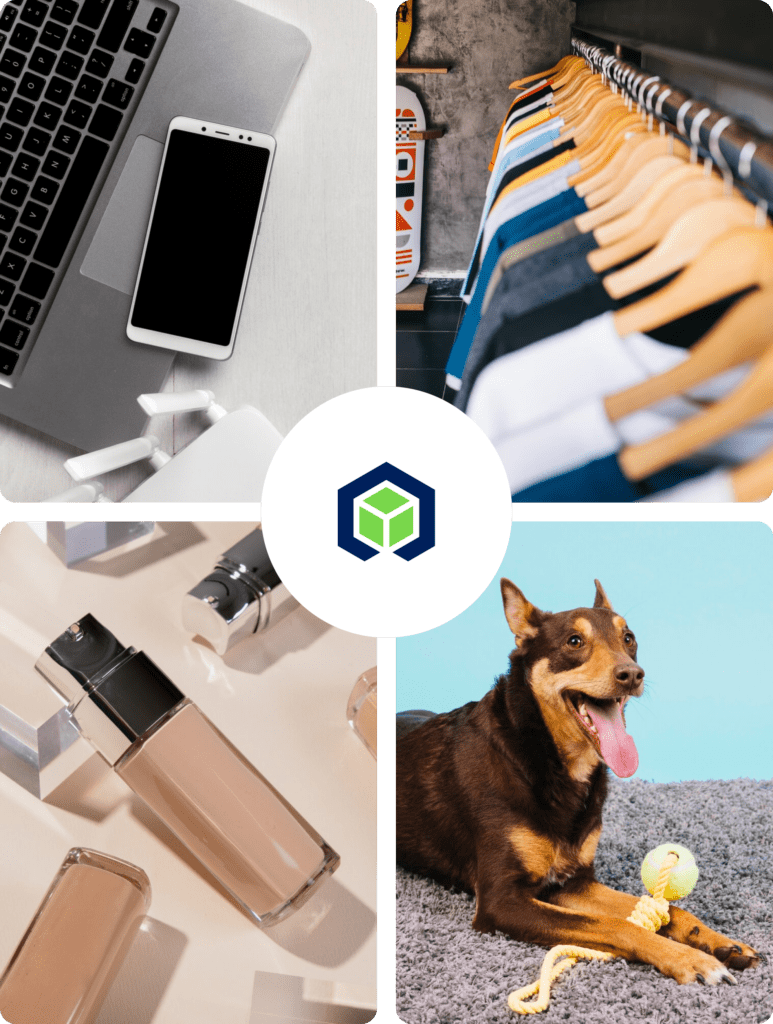 Four photos showing some of the industries served by us; electronics, apparel, beauty & cosmetics, and pet fulfillment.