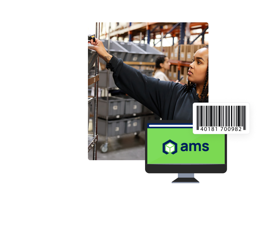 Person reaching for a product to pack, ams logo on a graphic illustration of a computer screen, and a barcode.
