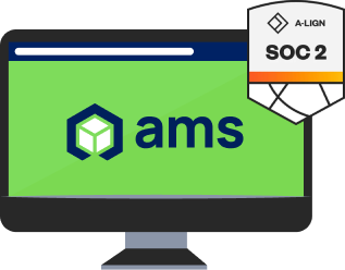 Graphic illustration of a computer screen with the ams logo as the screensaver.