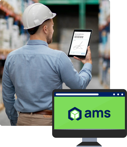 AMS employee holding a tablet in a warehouse