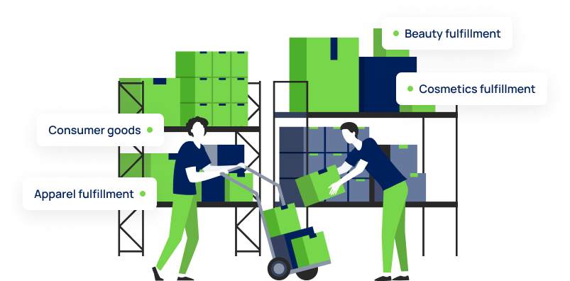 Graphic illustration of two people stacking boxes, with different types of fulfillment surrounding them.