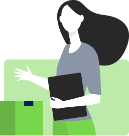Graphic illustration of a woman holding a clipboard and standing by a box.