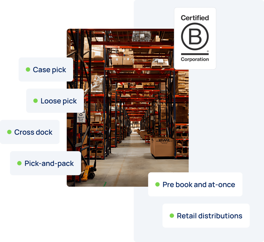 Photo of a warehouse over a white background with a Certified B Corp logo and the following words surrounding it: Case pick, Loose pick, Cross dock, Pick-and-pack, Pre book and at-once, and Retail distributions.