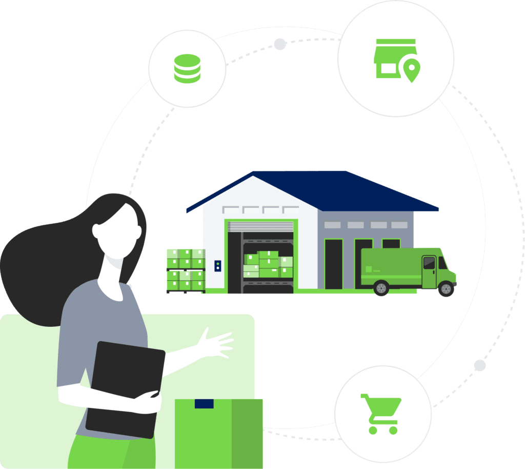 Cartoon of woman managing a warehouse