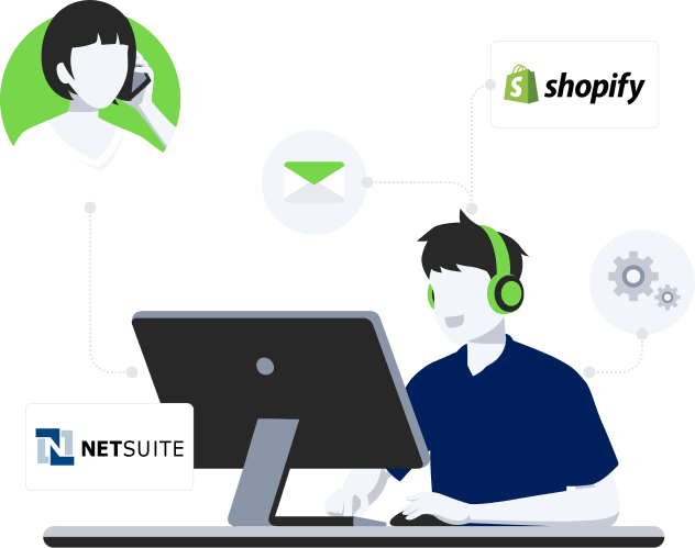 Cartoon people offering back office support services at a computer
