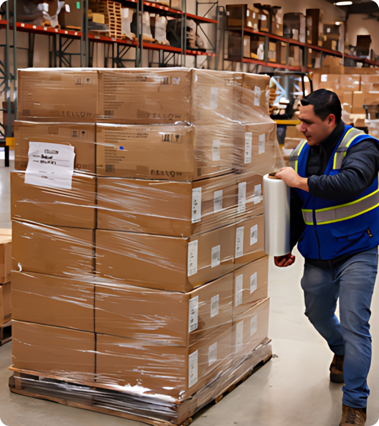 Person wrapping a pallet of packages with plastic wrap.