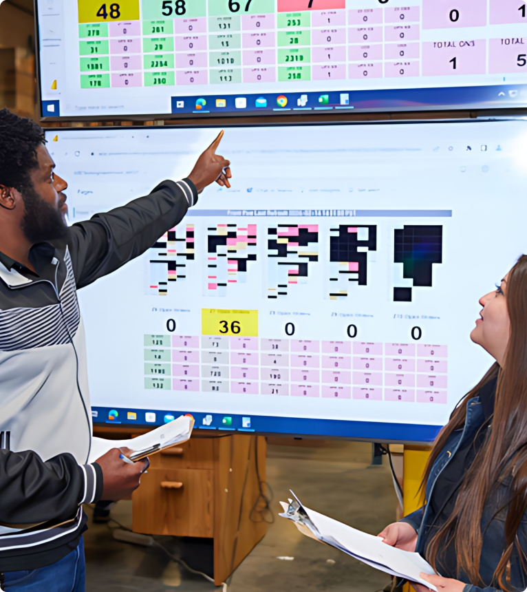 Two people looking at graphs and numbers on a screen.