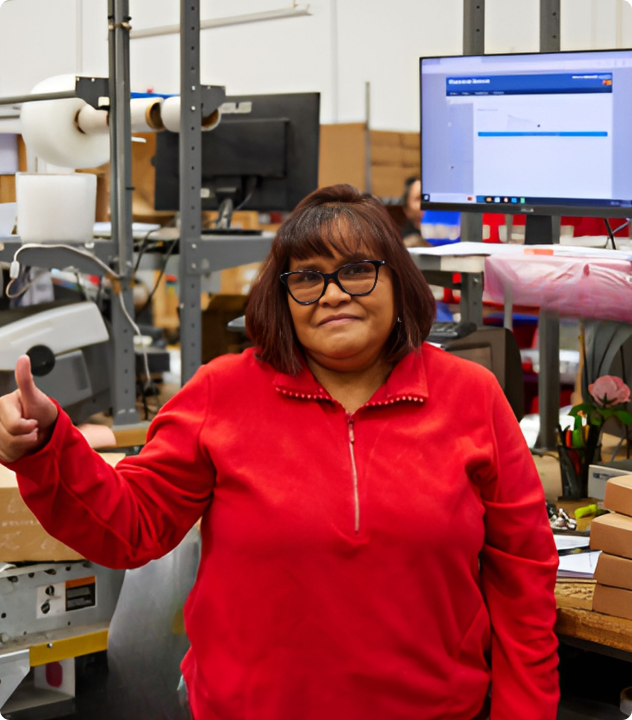 Person wearing a red quarter zip and giving a thumbs up.