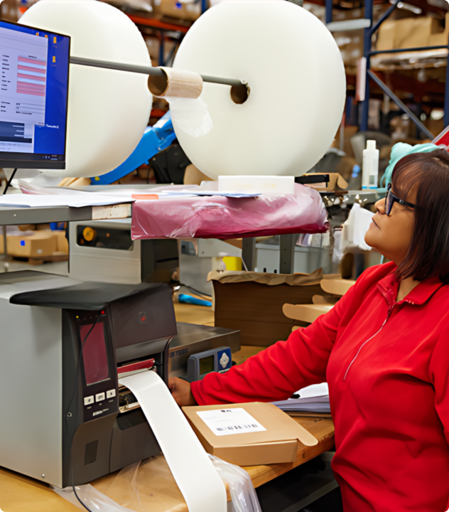 Person looking at a computer screen and printing shipping labels.