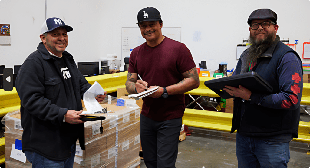 Three men each, holding papers, standing in front of a pallet of plastci-wrapped packages and yellow tables.