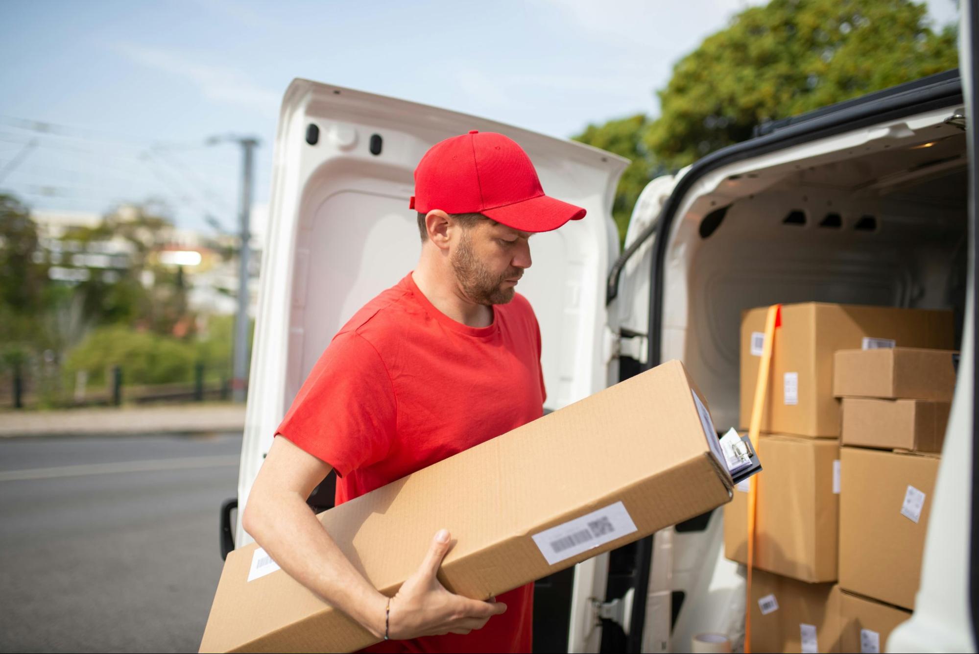 A person is holding a package while looking at a clipboard, standing near a van full of packages.