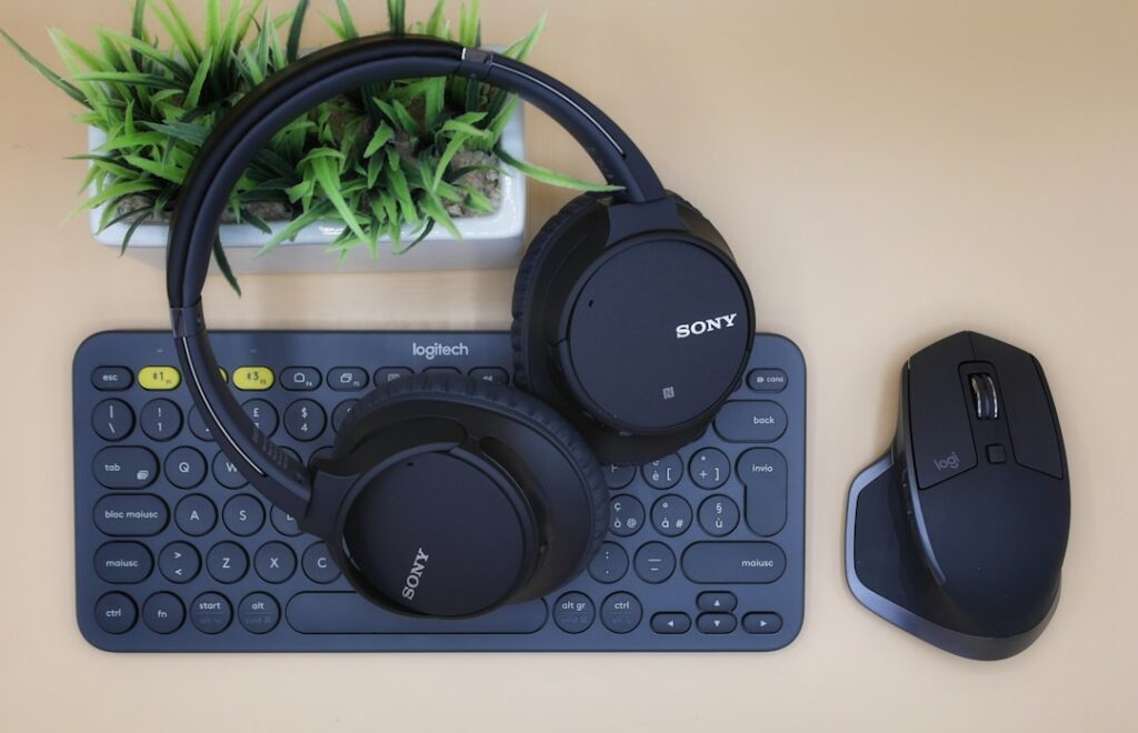 A pair of headphones is lying on a keyboard and a fake plant, with a computer mouse to the right of them.
