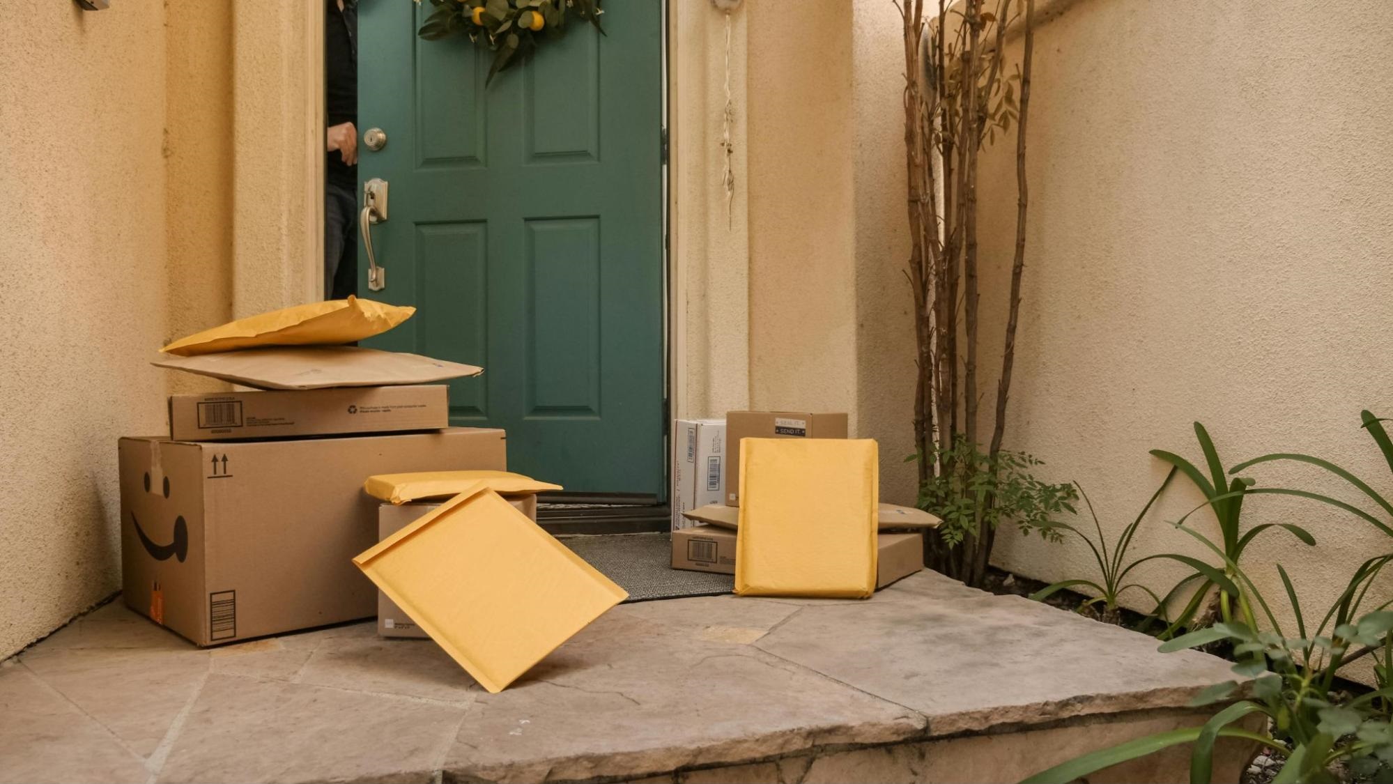 Multiple packages and large envelopes are sitting on a front porch, as someone is opening the door from inside.