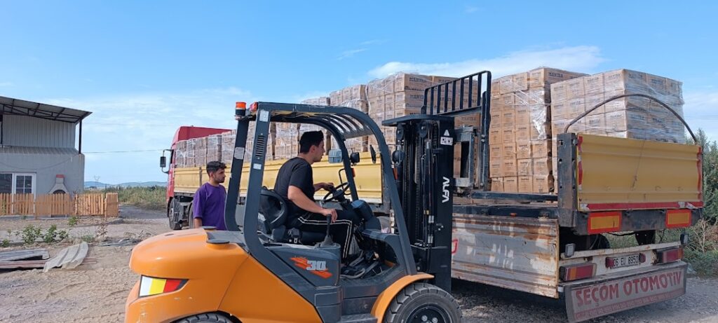 A person is operating a forklift, picking up a pallet full of boxes from a shipping truck.