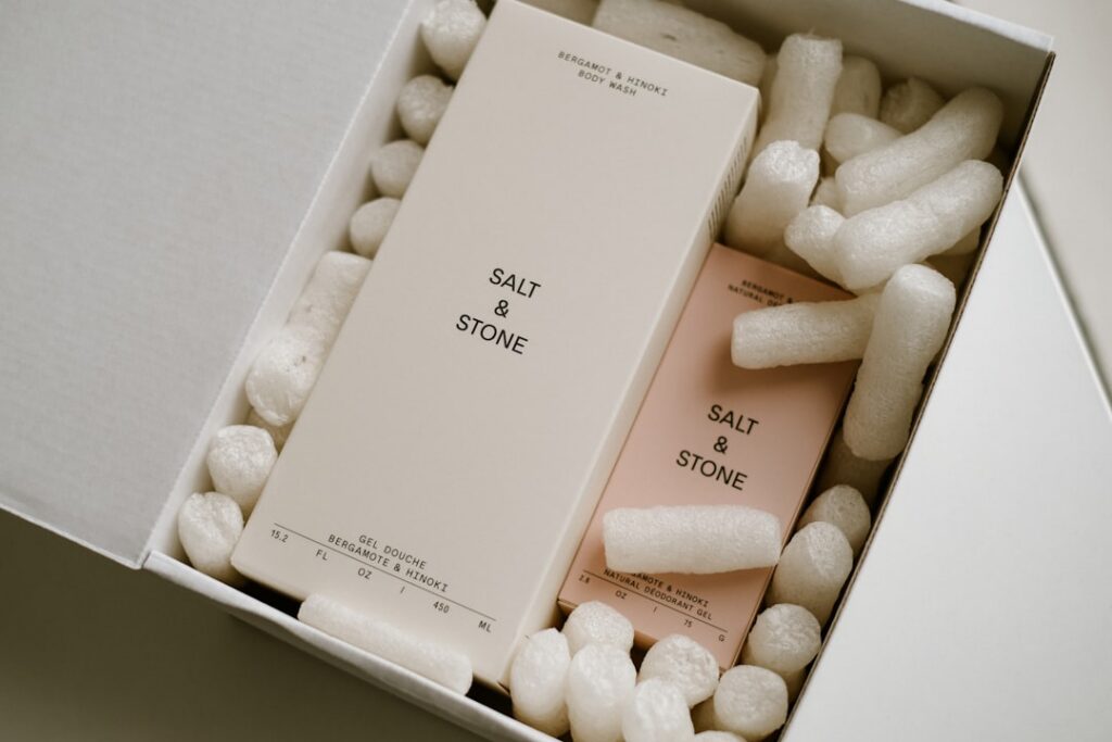 A package that contains a body wash and deodorant from the brand Salt & Stone.