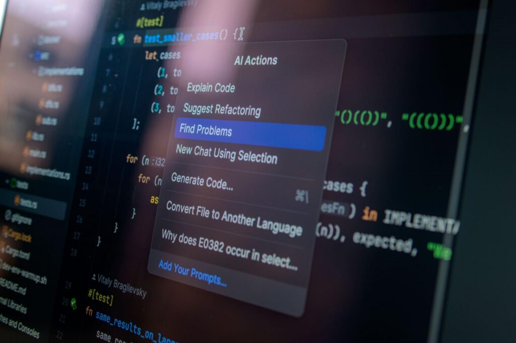 A dark code editor with an AI-powered context menu showing options like 'Explain Code,’ ‘Find Problems,' and 'Generate Code.’